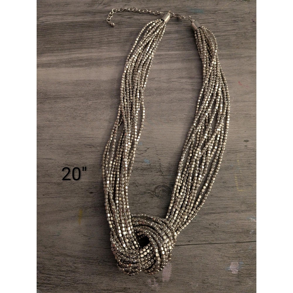 Heavy Silver Multi Strand Beaded Knot Statement Necklace Boho Textured 20"